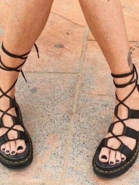 Dr. Martens Black Leather Gladiator Sandals with Yellow Stitching
